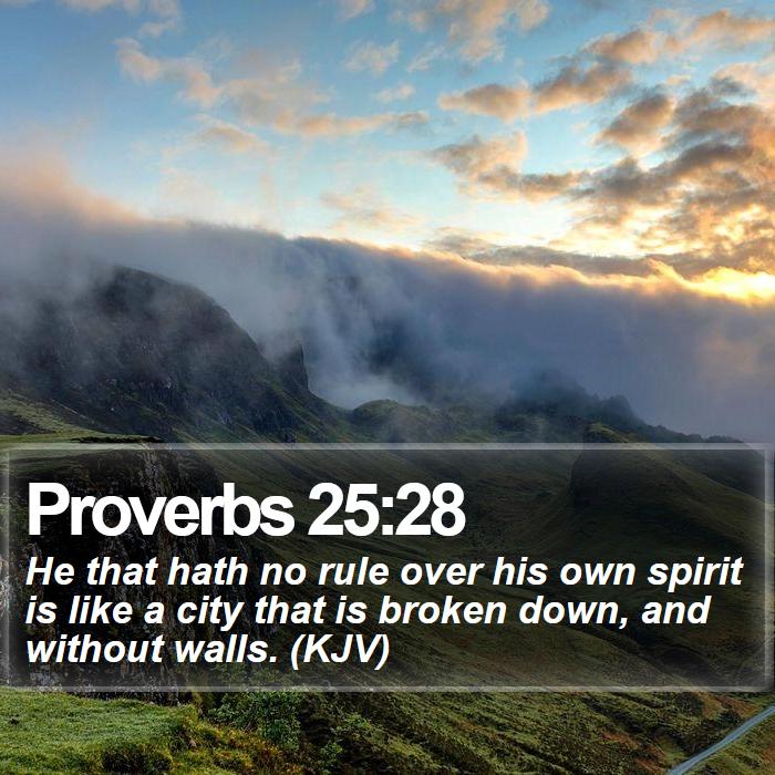 Proverbs 25:28 - He that hath no rule over his own spirit is like a city that is broken down, and without walls. (KJV)
