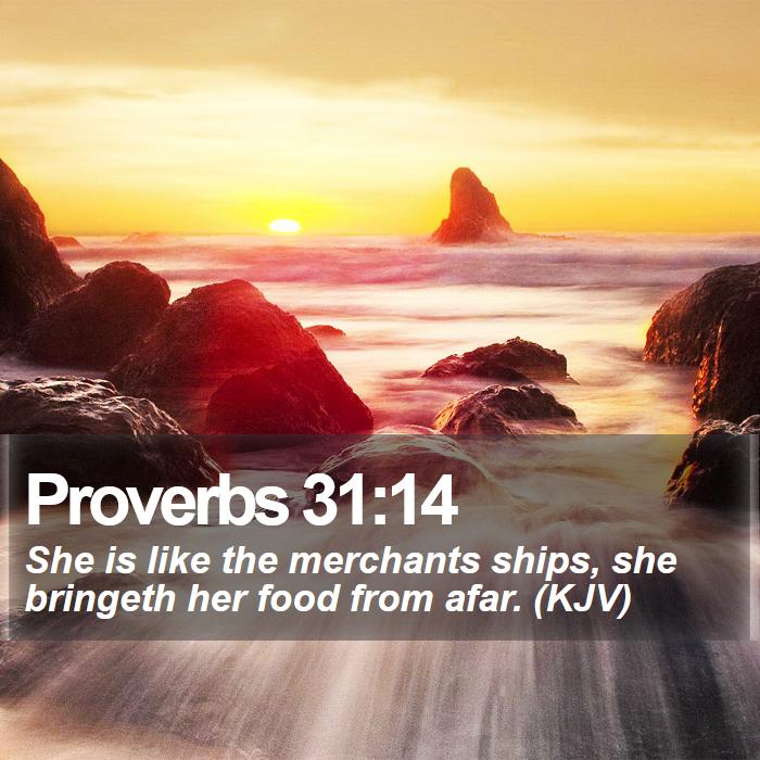 Proverbs 31:14 - She is like the merchants ships, she bringeth her food from afar. (KJV)
