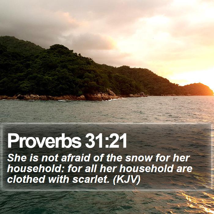Proverbs 31:21 - She is not afraid of the snow for her household: for all her household are clothed with scarlet. (KJV)
